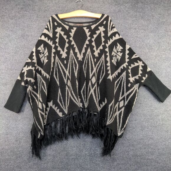 Do Everything in Love Women's Sweater Poncho Black One Size Knit Fringe - Picture 5 of 12